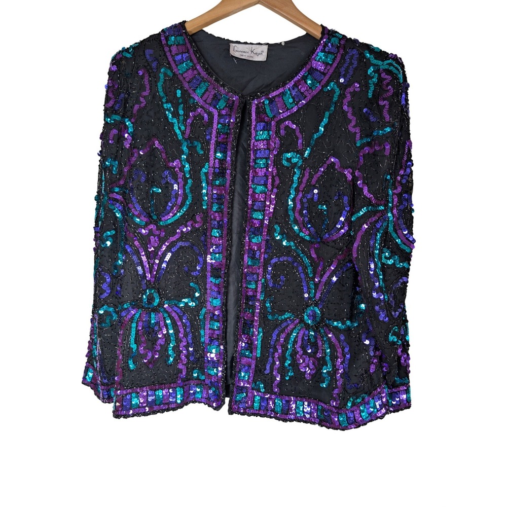Laurence Kazar Vintage Sequin Beaded Jacket Purple Teal Black Open Front Blazer